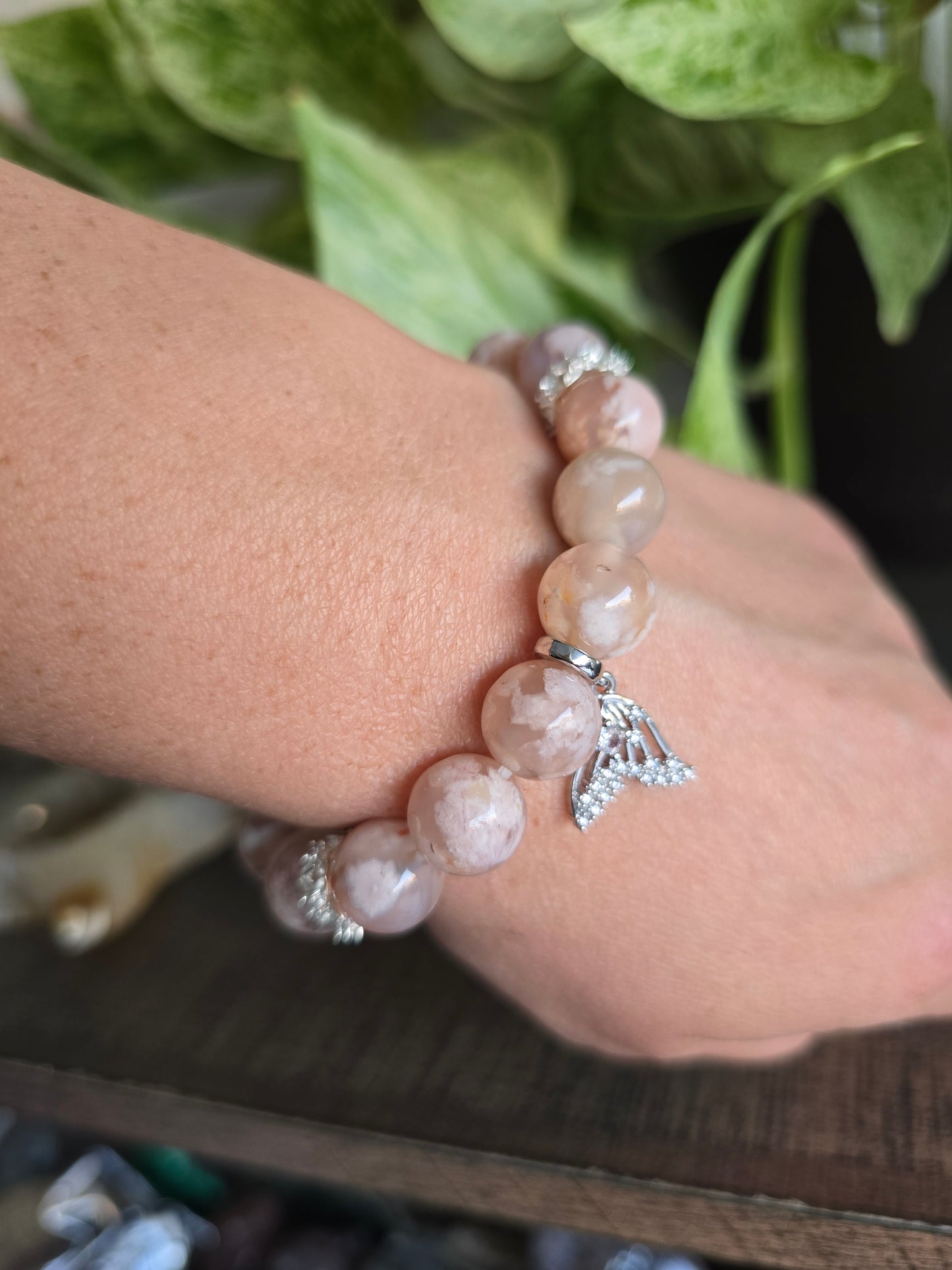 Flower Agate Stretch Bracelet With Charms