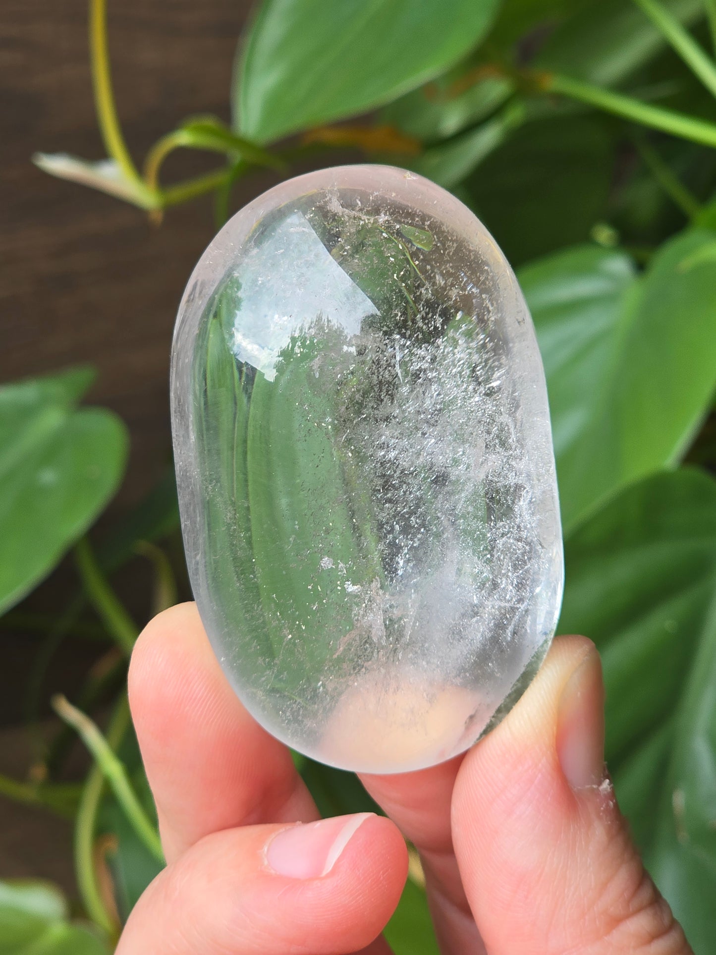 Clear Quartz Palm Stone With Chlorite