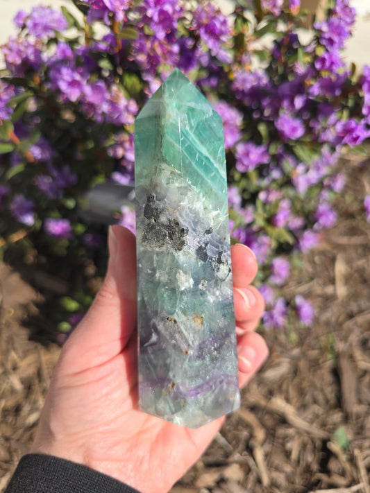 Rainbow Fluorite Tower With Dendritic Inclusions