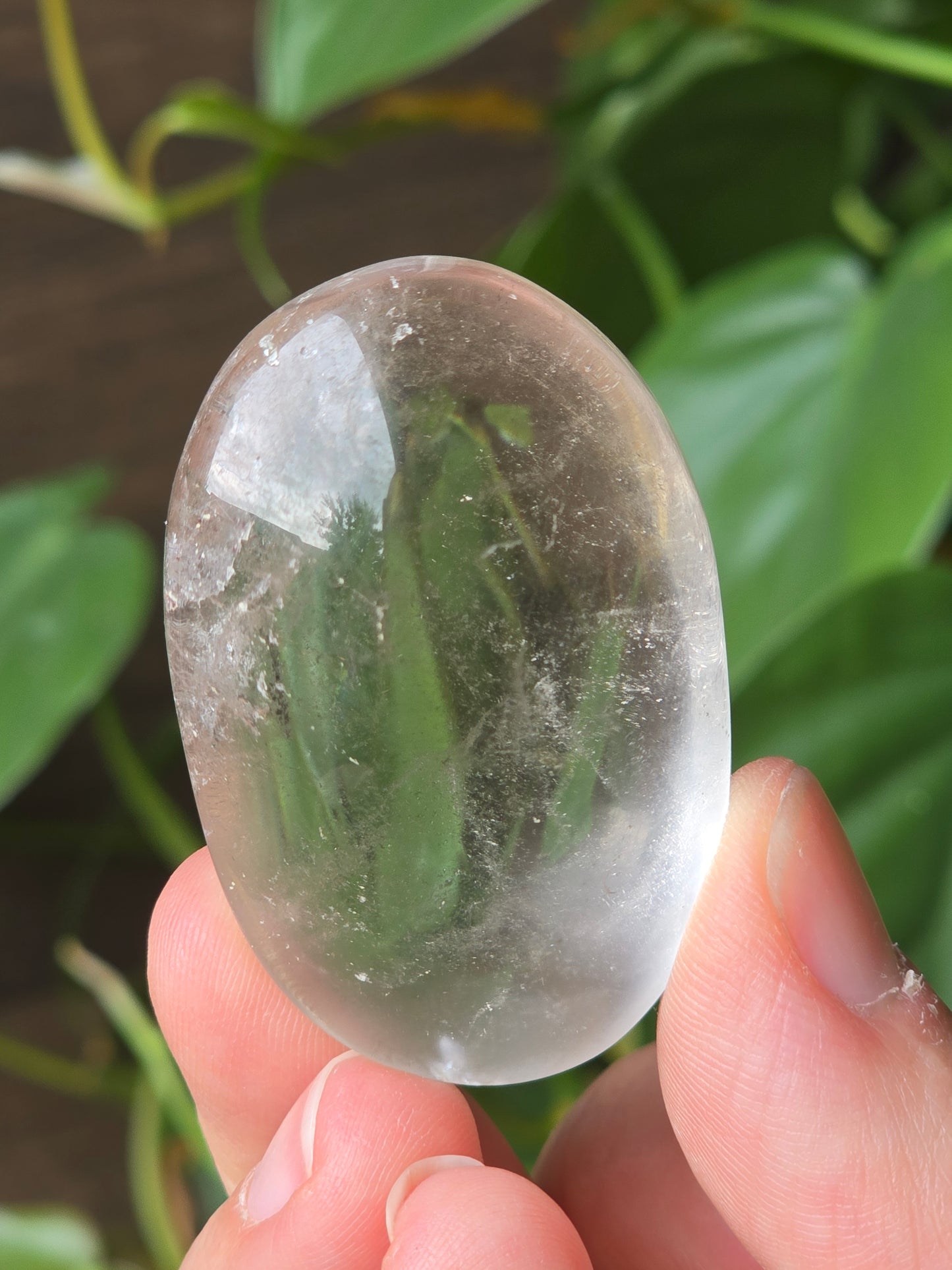 Clear Quartz Palm Stone With Chlorite