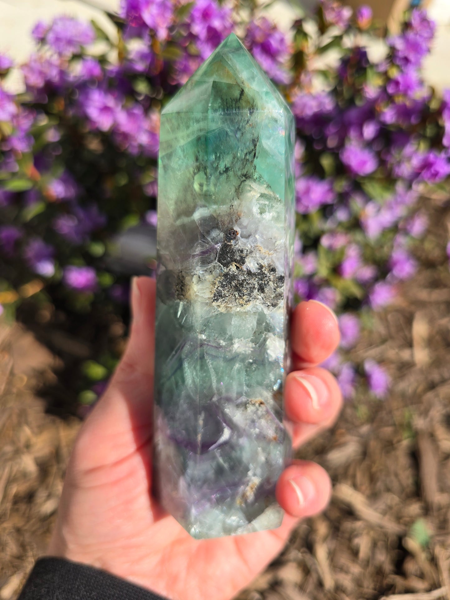 Rainbow Fluorite Tower With Dendritic Inclusions