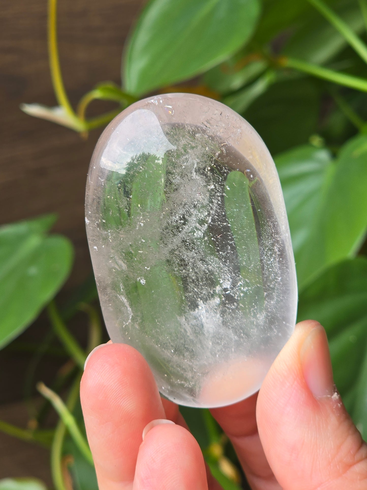 Clear Quartz Palm Stone With Chlorite