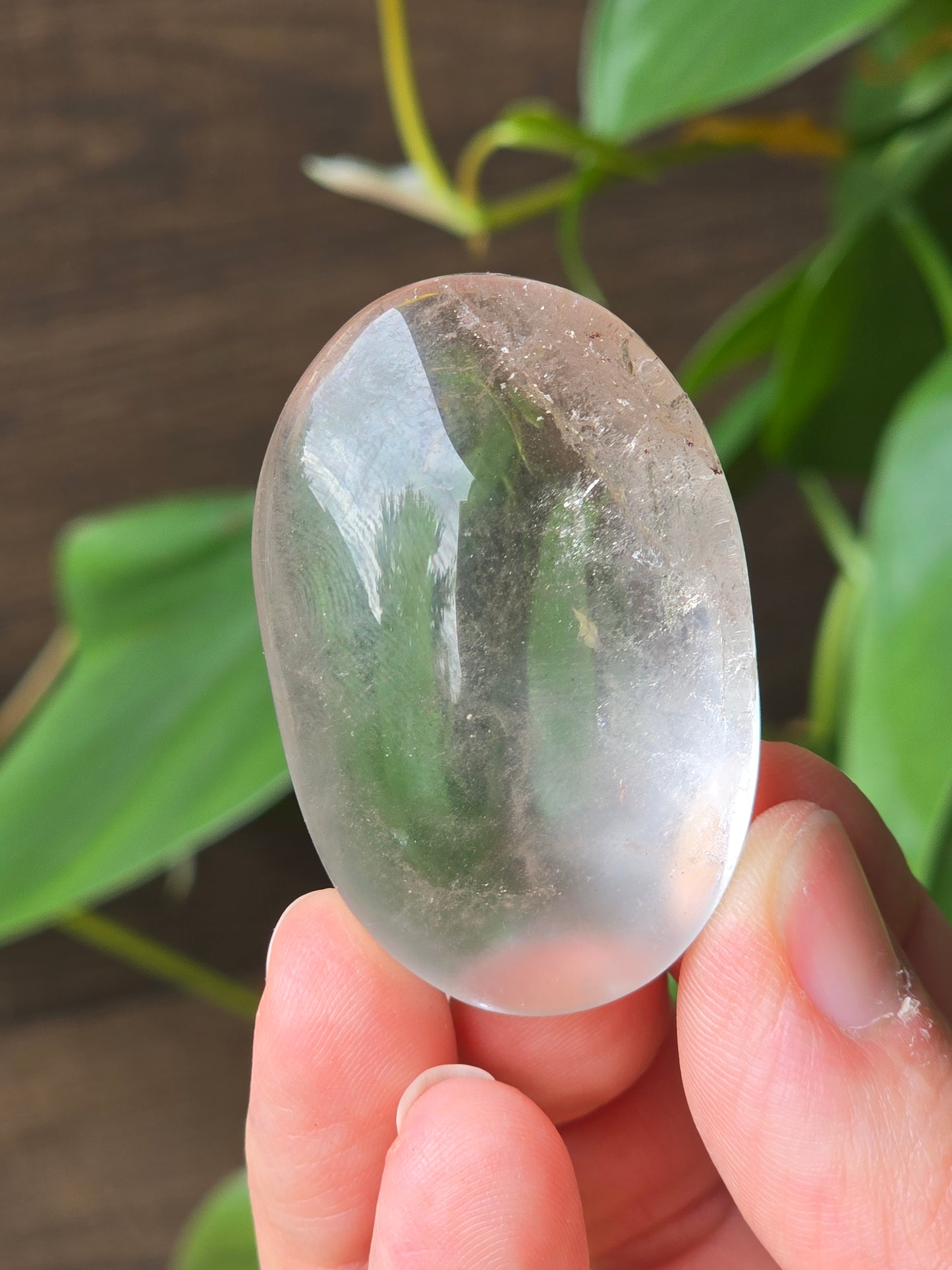 Clear Quartz Palm Stone With Chlorite