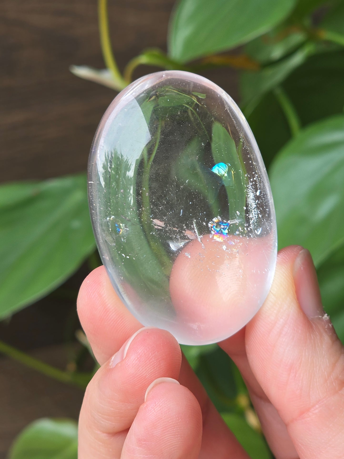 Clear Quartz Palm Stone With Rainbow