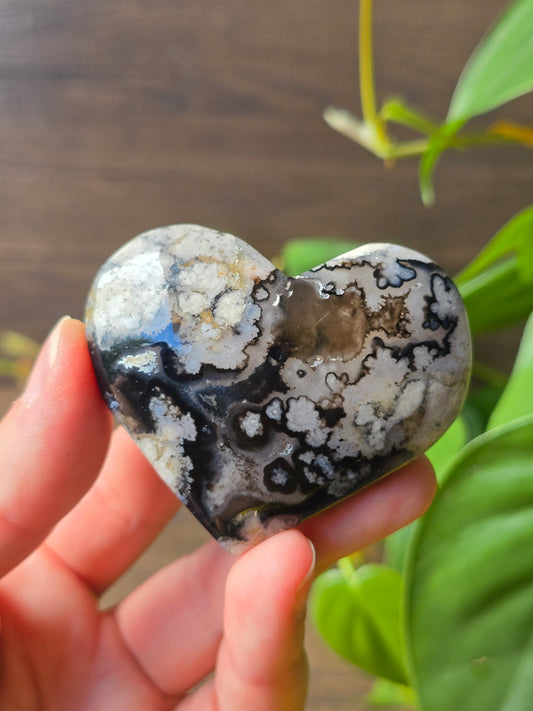 Black Flower Agate Heart