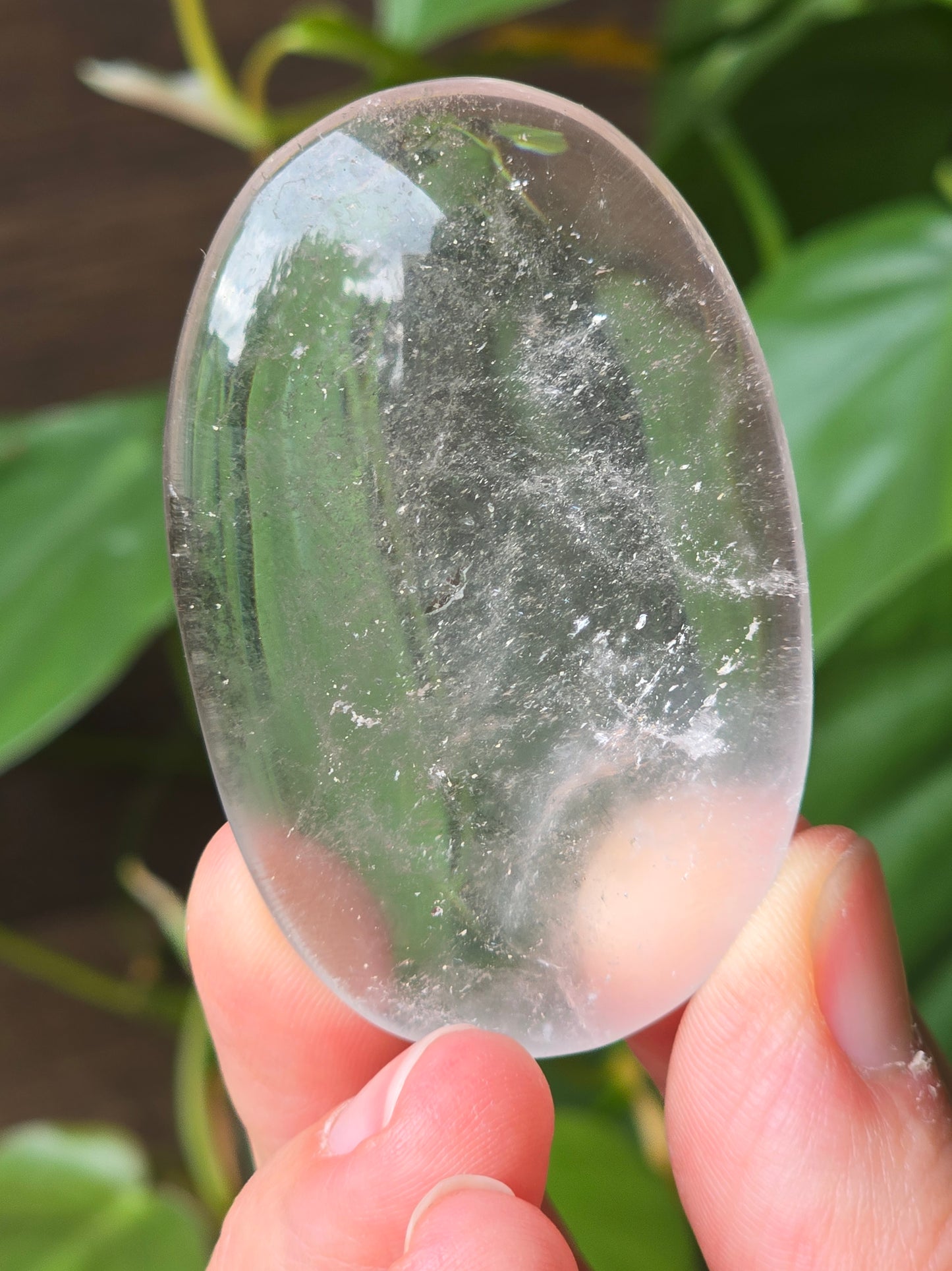 Clear Quartz Palm Stone With Chlorite