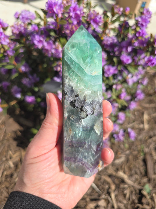 Rainbow Fluorite Tower With Dendritic Inclusions