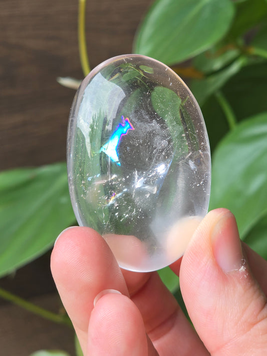 Clear Quartz Palm Stone With Rainbow