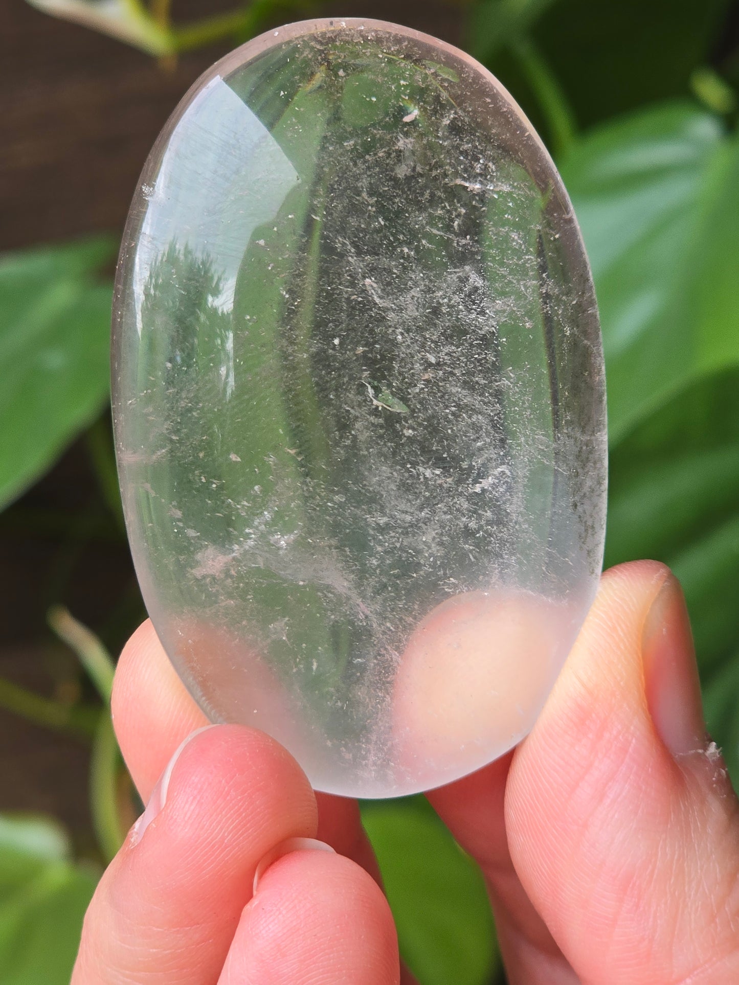 Clear Quartz Palm Stone With Chlorite